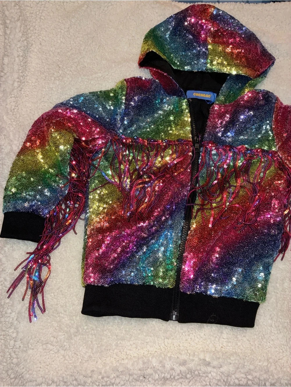 NWT Rainbow Sequin Fringe Bomber Jacket Girls Medium | Y2K| performance wear